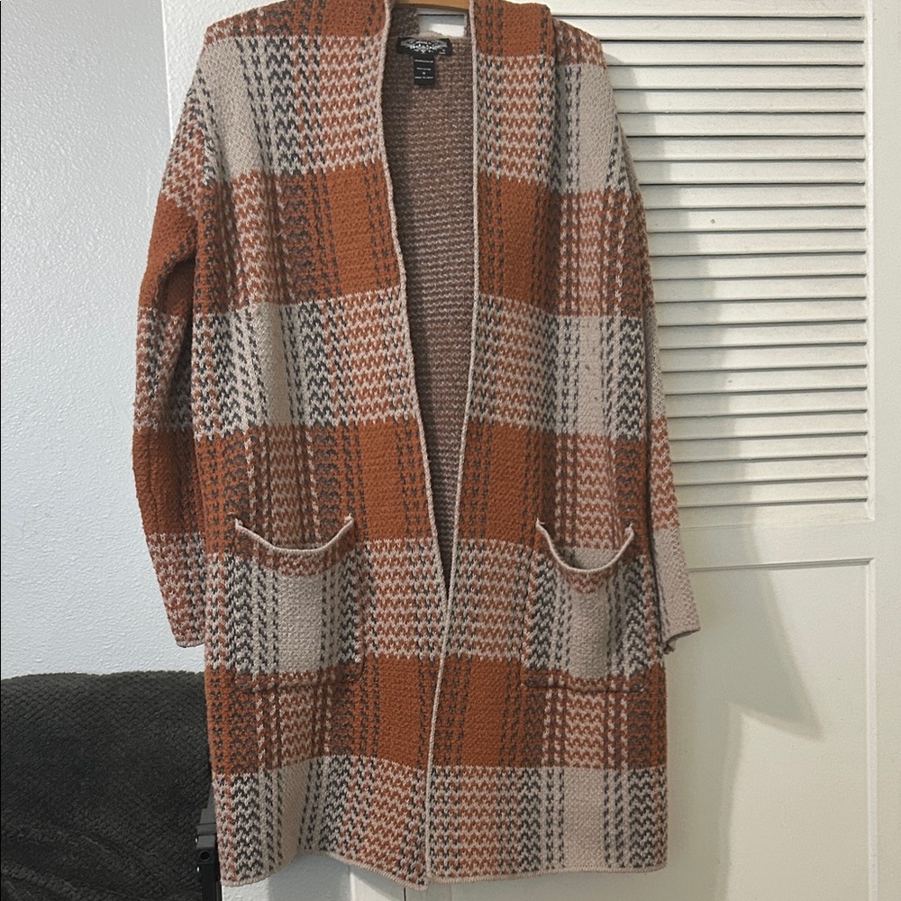 Anthropologie Oliver by Escio Cozy Orange Cream Plaid Cardigan Hoodie